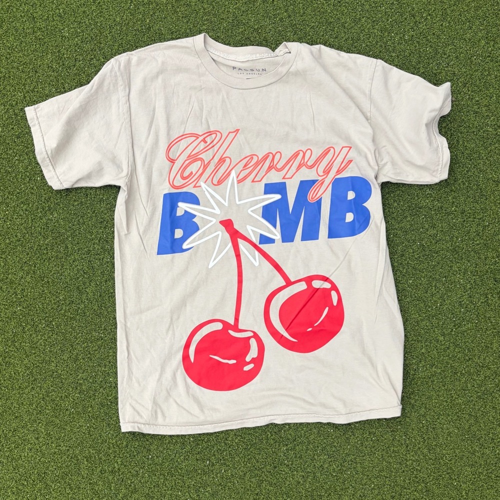 PacSun Cherry Bomb Graphic T-Shirt Mens Large Tan Beige Short Sleeve Crew Neck